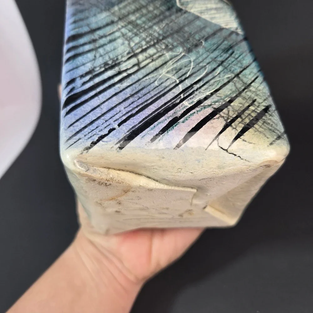 Abstract Studio Pottery Square Vase Signed Artisan Ceramic Slab Built Blue Teal